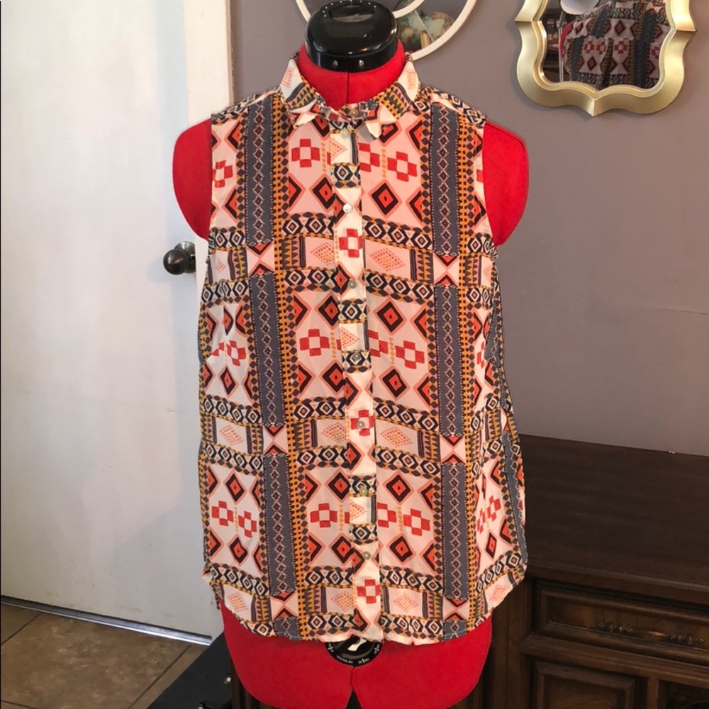 Tribal print, sleeveless, button down blouse